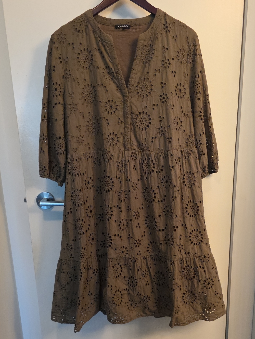 Olsen Khaki Olive Eyelet Midi Dress